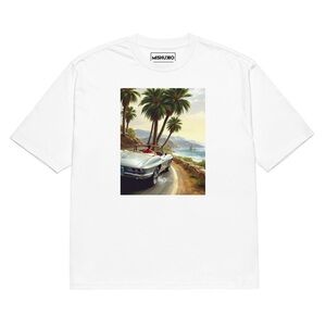 White Graphic T-Shirt with Car and Palm Trees